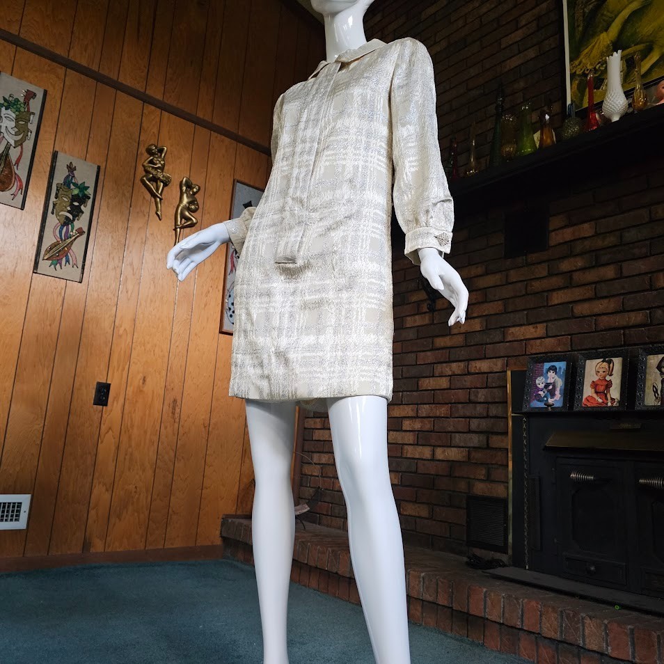 Vtg 60s Mod Silver Space Age Holiday Plaid Metallic Cocktail Mini Go Go Dress S