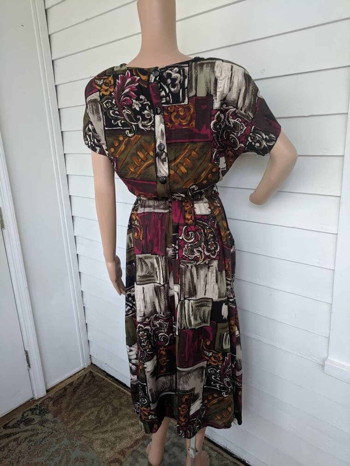 80s Print Dress Button Back Vintage Paquette S