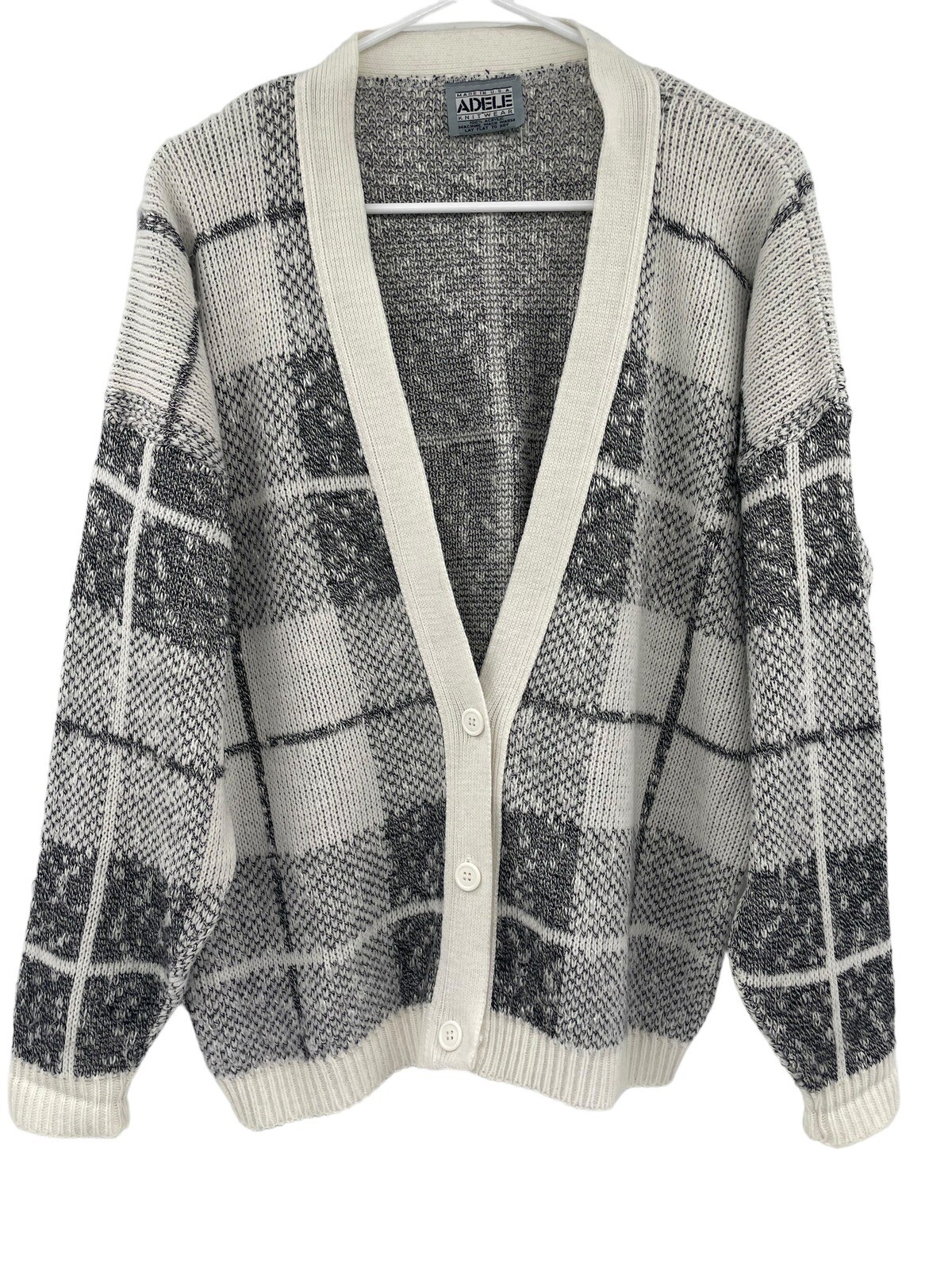 Vintage 80s Adele Knitwear Cardigan Size Large Grannycore Plaid Sweater USA