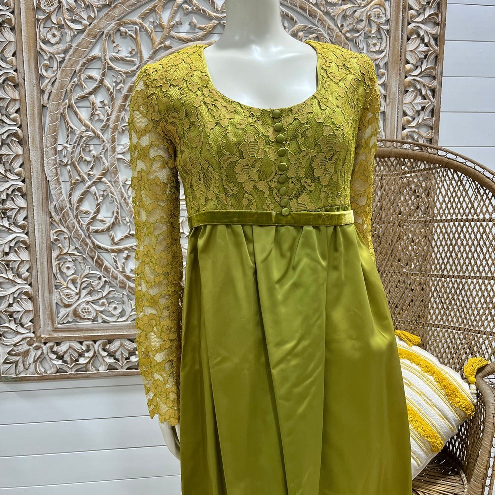 60s Mod Chartreuse Green Lace Elegant Evening Dress