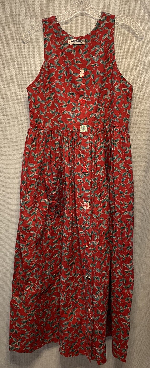 Vtg Dogwood Lane Dress S Holiday Red Green Leaves Fun Ceramic Buttons Festive