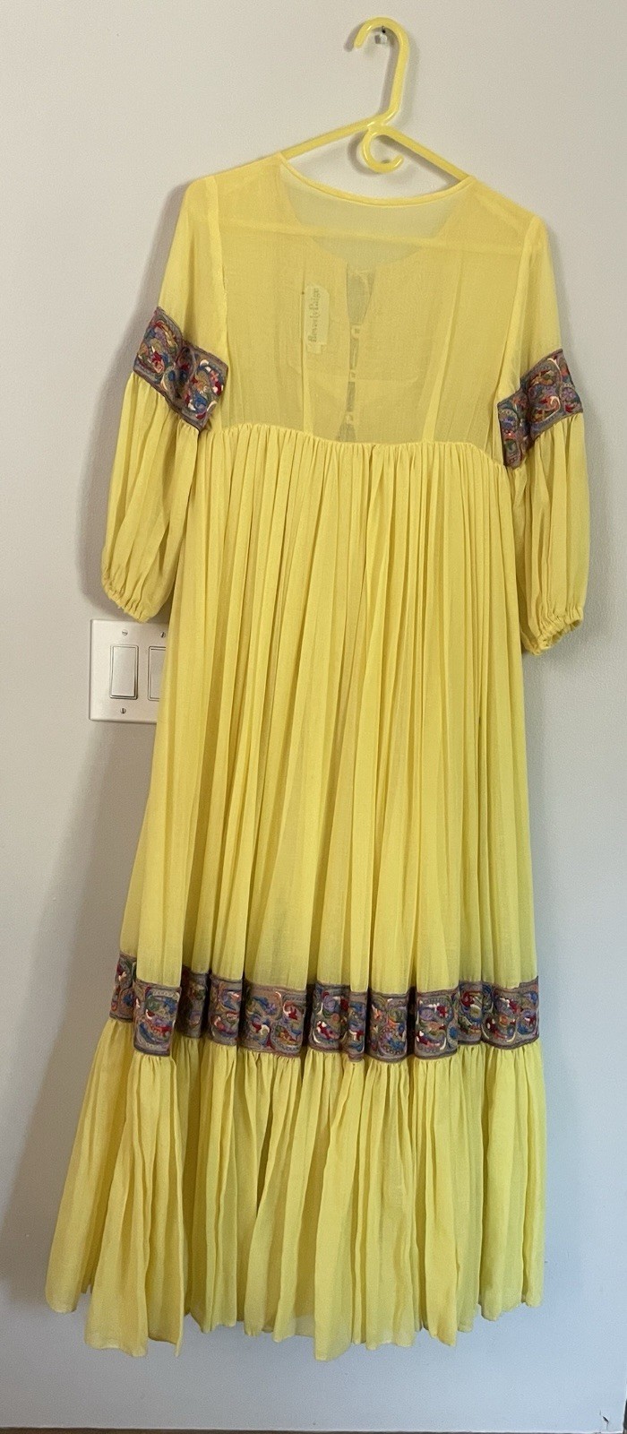 Vintage 70s Beverly Paige Yellow Cotton Gauze Boho Maxi Dress Embroidered Hippie