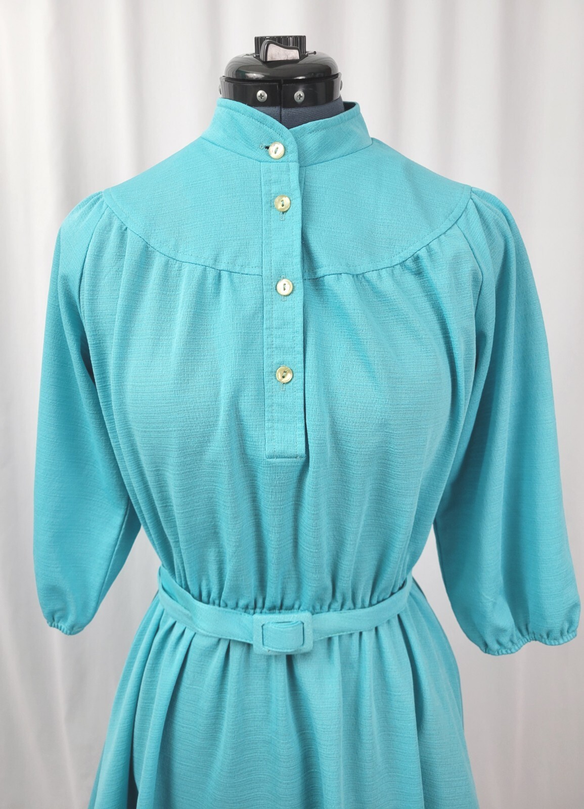 Vtg Ms Sugar Turquoise Dress w Elastic Waist/Rounded Yoke/Raglan Sleeves M/L?