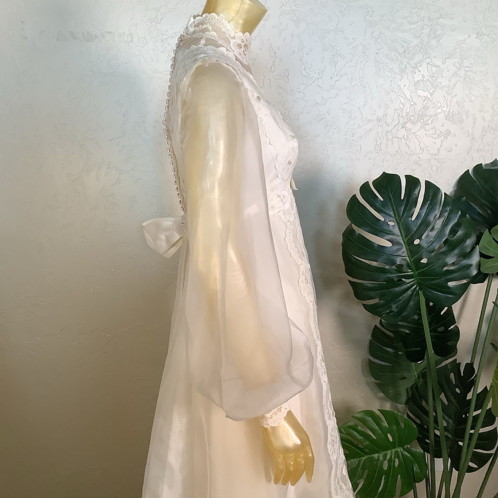 1970s Bridal Originals Regency Inspired Empire Waist Lace Wedding Dress & Train