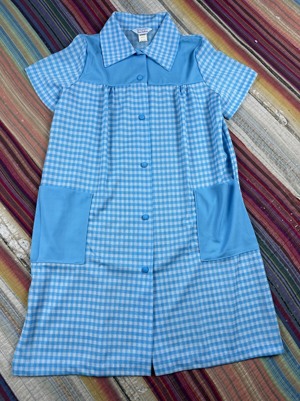 Vtg 1970’s Sears Fashions Blue Gingham Checkered Button Down House Coat Sz M