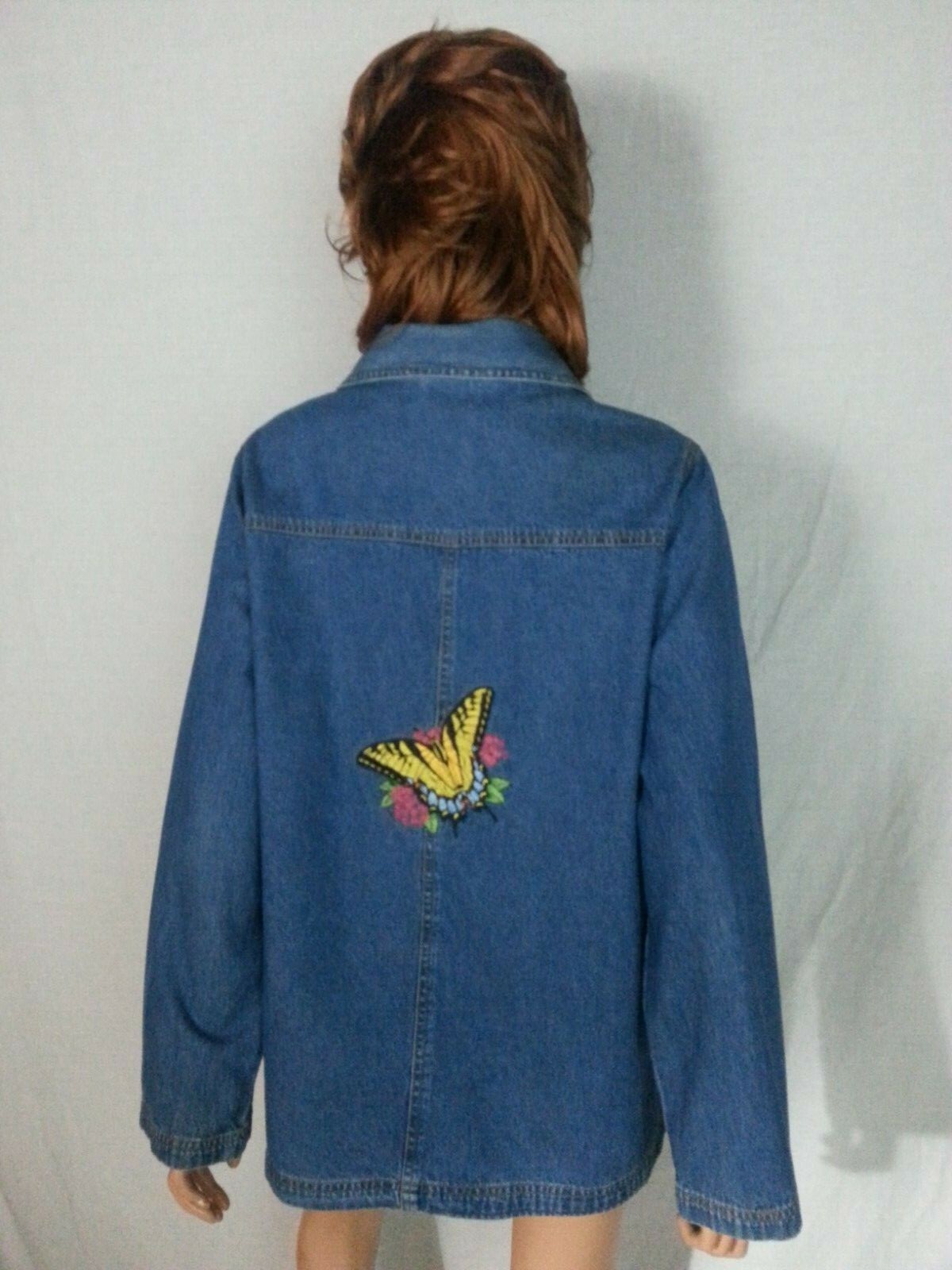 Vtg Women Blair Blue Jean Denim Jacket Coat Leaves Embroidery Butterfly Patch M