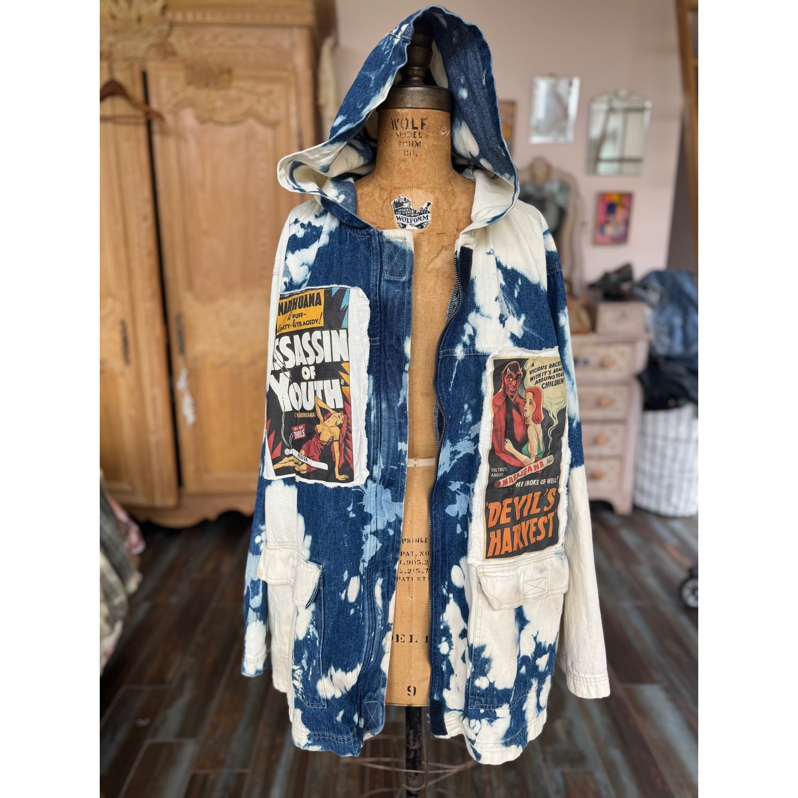 Vintage Marijuana Propaganda Hooded Denim Utility Coat XL XXL Oversized