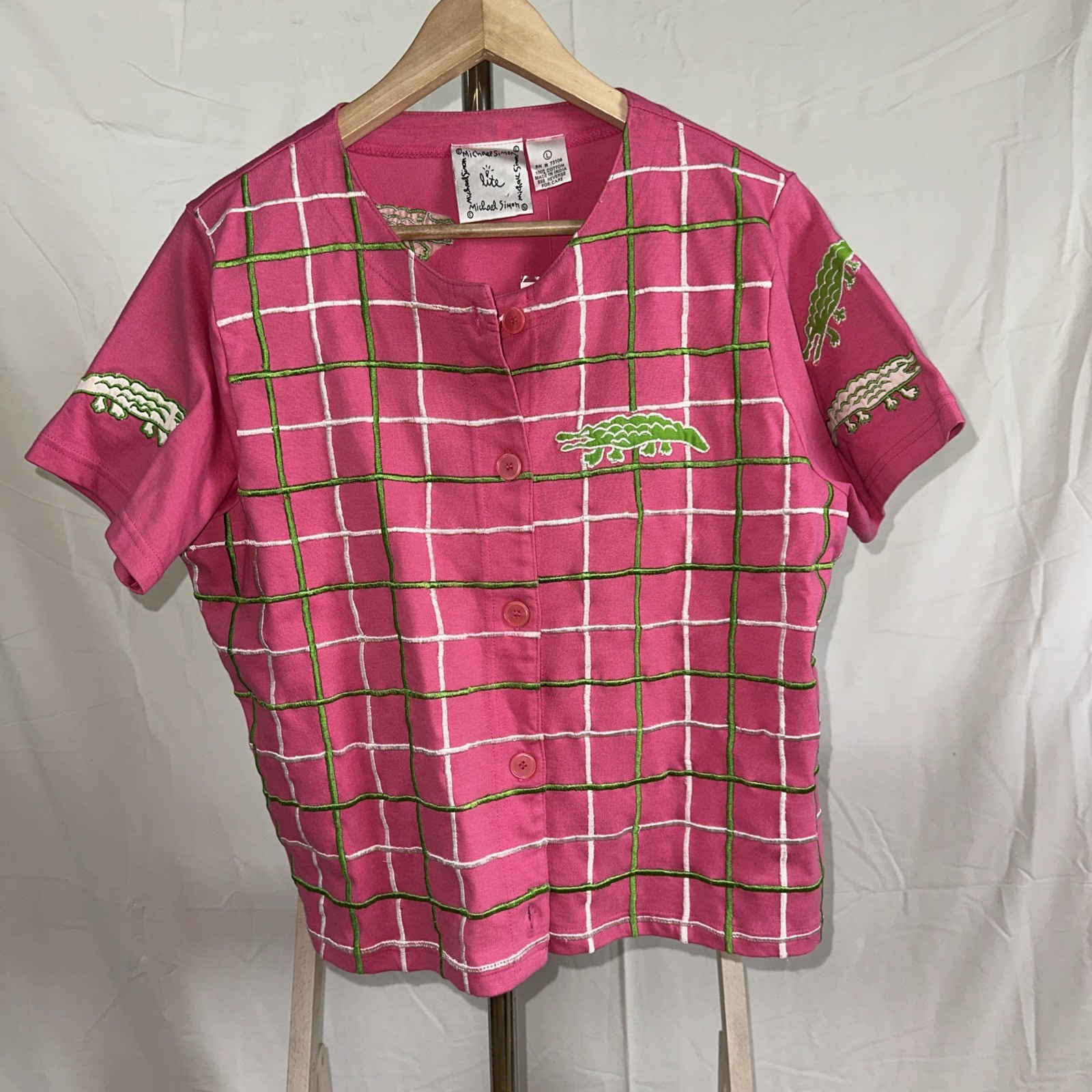Vintage Michael Simon Lite Pink Alligator Short Sleeve Cardigan Top NWT Sz Large
