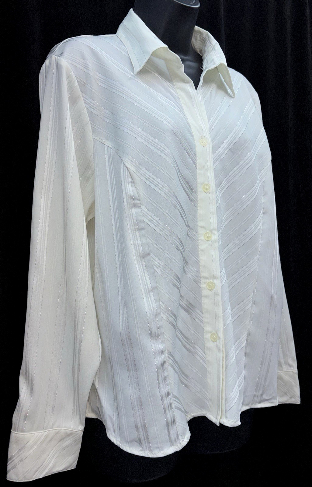 VTG Joanna Women Size PL Button Up Long Sleeve Collar V-Neck Top Silver Striped