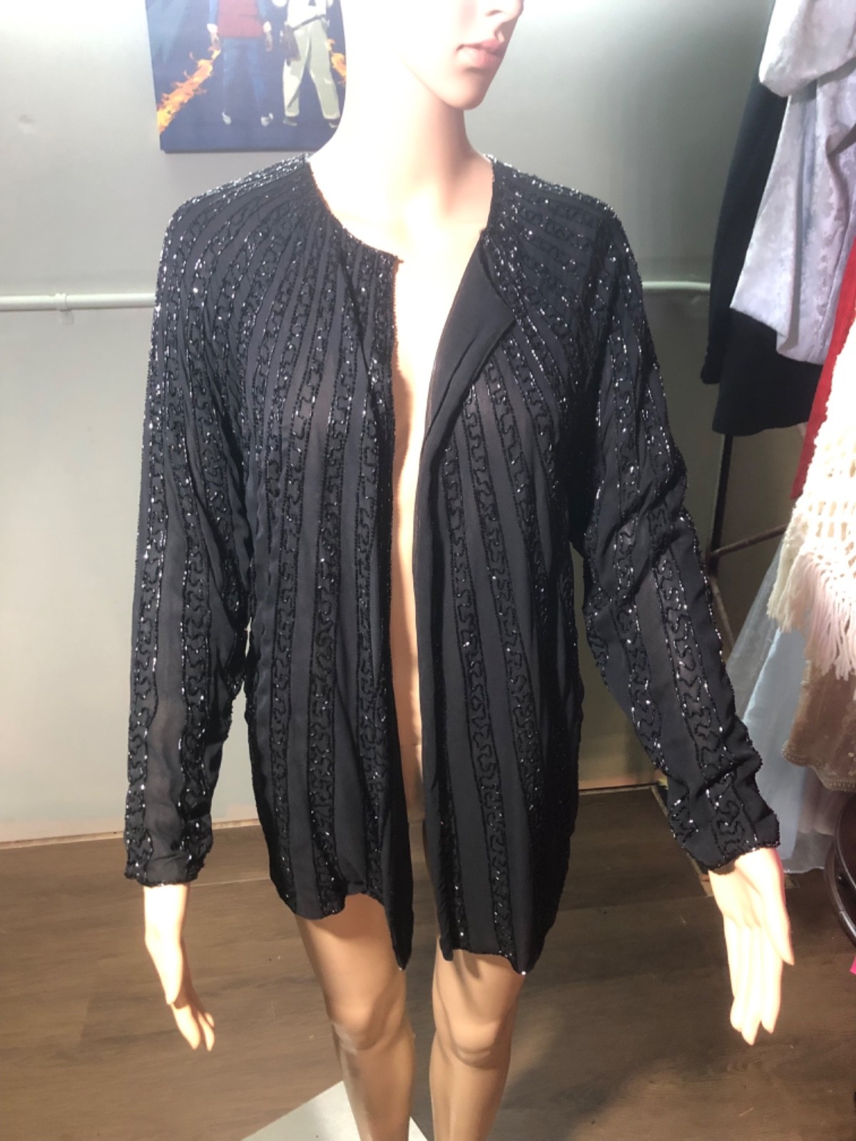 VTG Niteline Della Roufogali Black Silk Beaded Sequin Evening Jacket Small