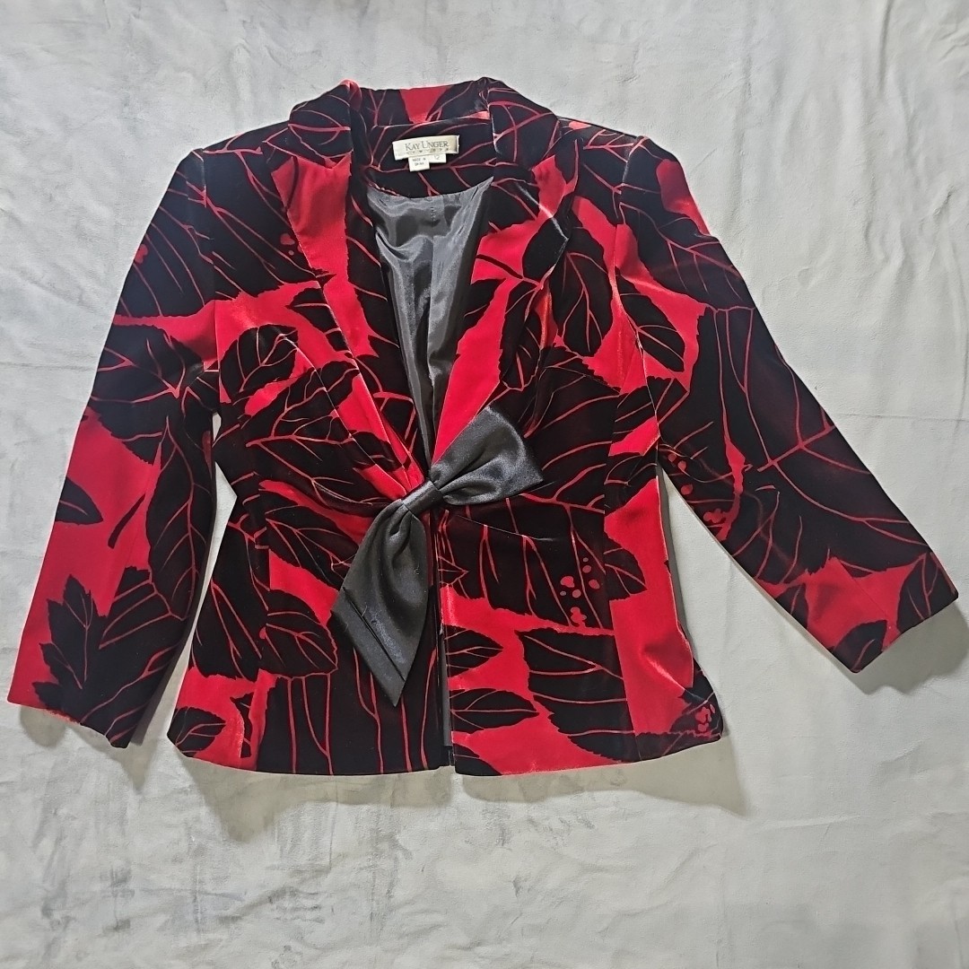 Vintage 1980’s Kay Unger Red & Black Velvet Jacket with Satin Bow Size 12