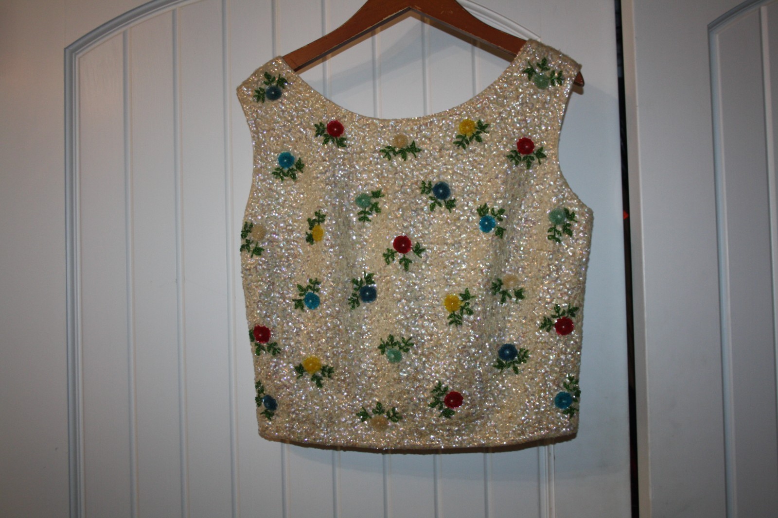 Vintage House of Gold Top Womens Size 42 Sequin Floral Beaded Sleeveless Wool HK