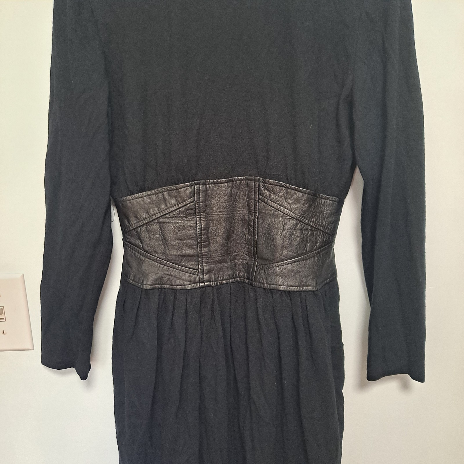 Vintage Sz 8 Samuel Blue Black Dress Wool With Leather Waist Corset Detail