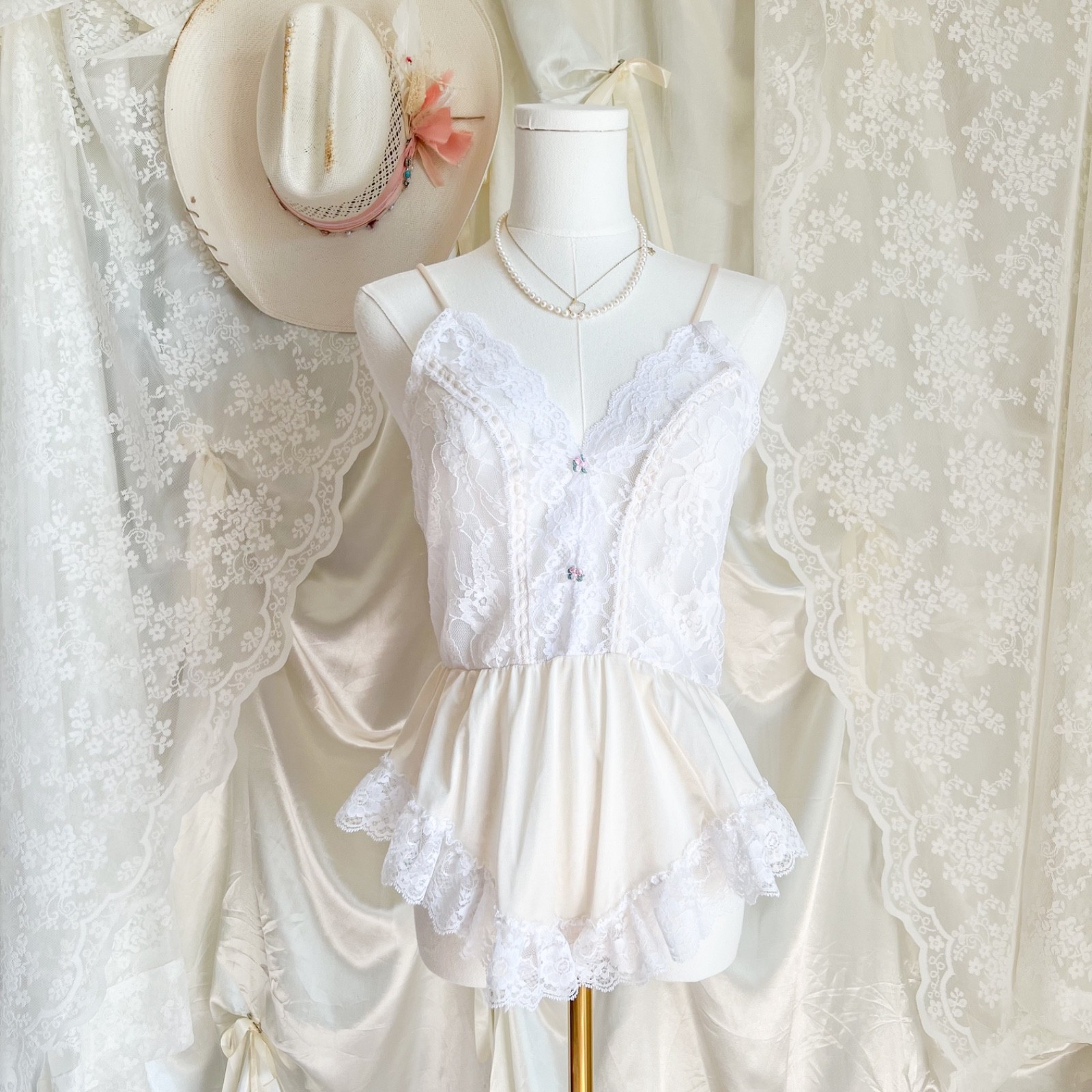 Vintage White Lace Peplum Teddy Romper