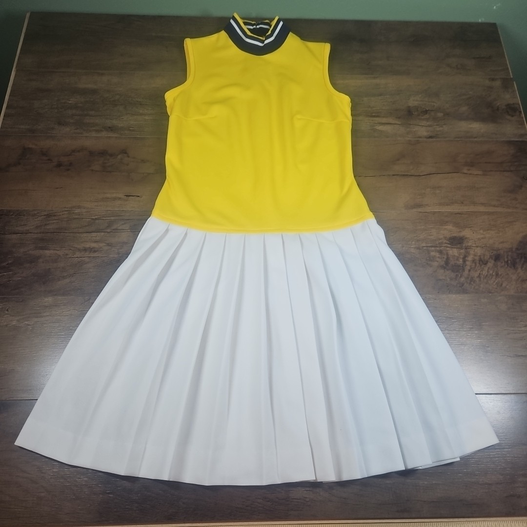 Vintage 60s Blue Yellow White Toni Todd Accordion Pleat Flare Dress & Sweater