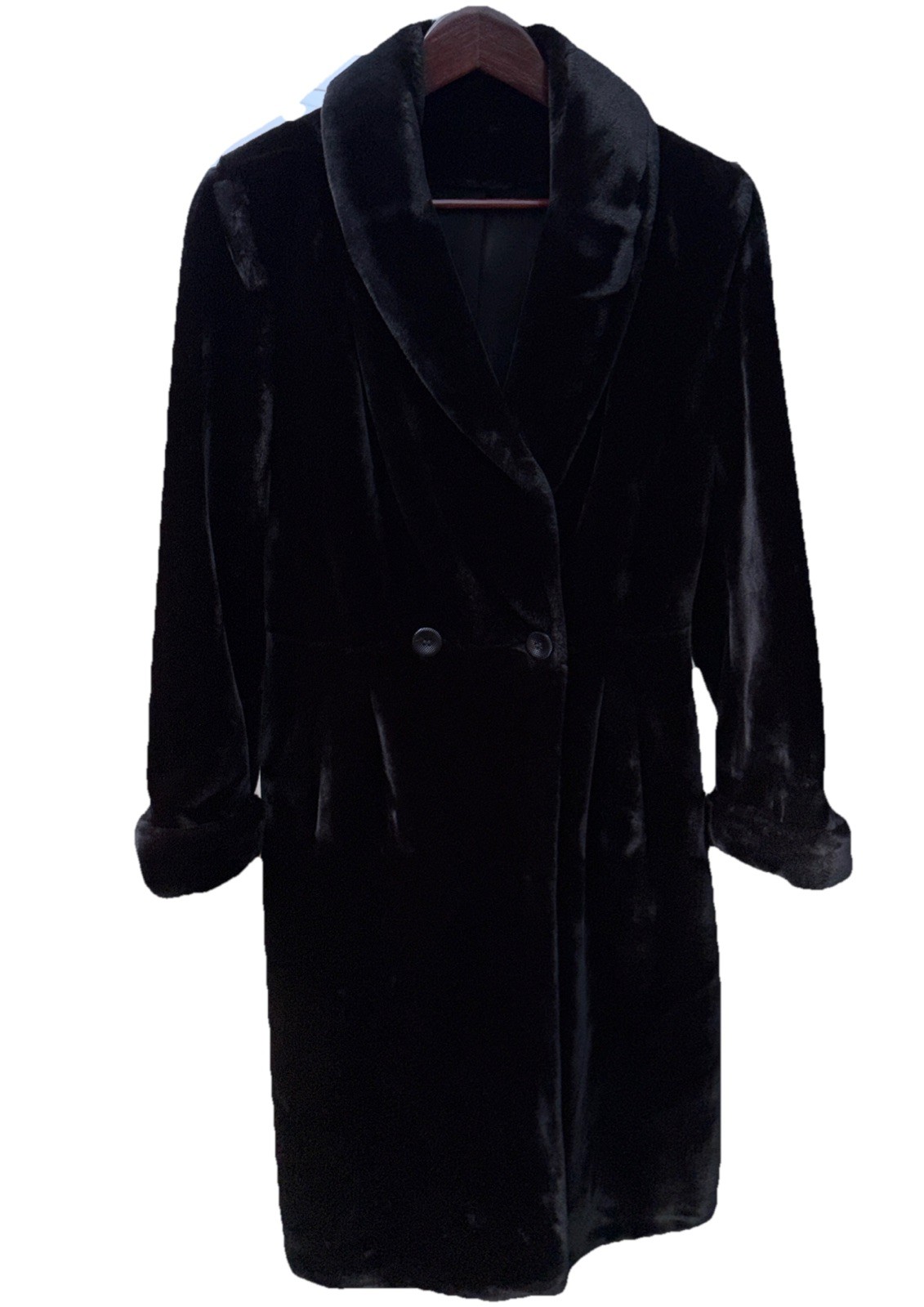VTG Long Faux Fur Coat Tissavel France Black Dress Luxury Glam Women’s Sm-M Tall