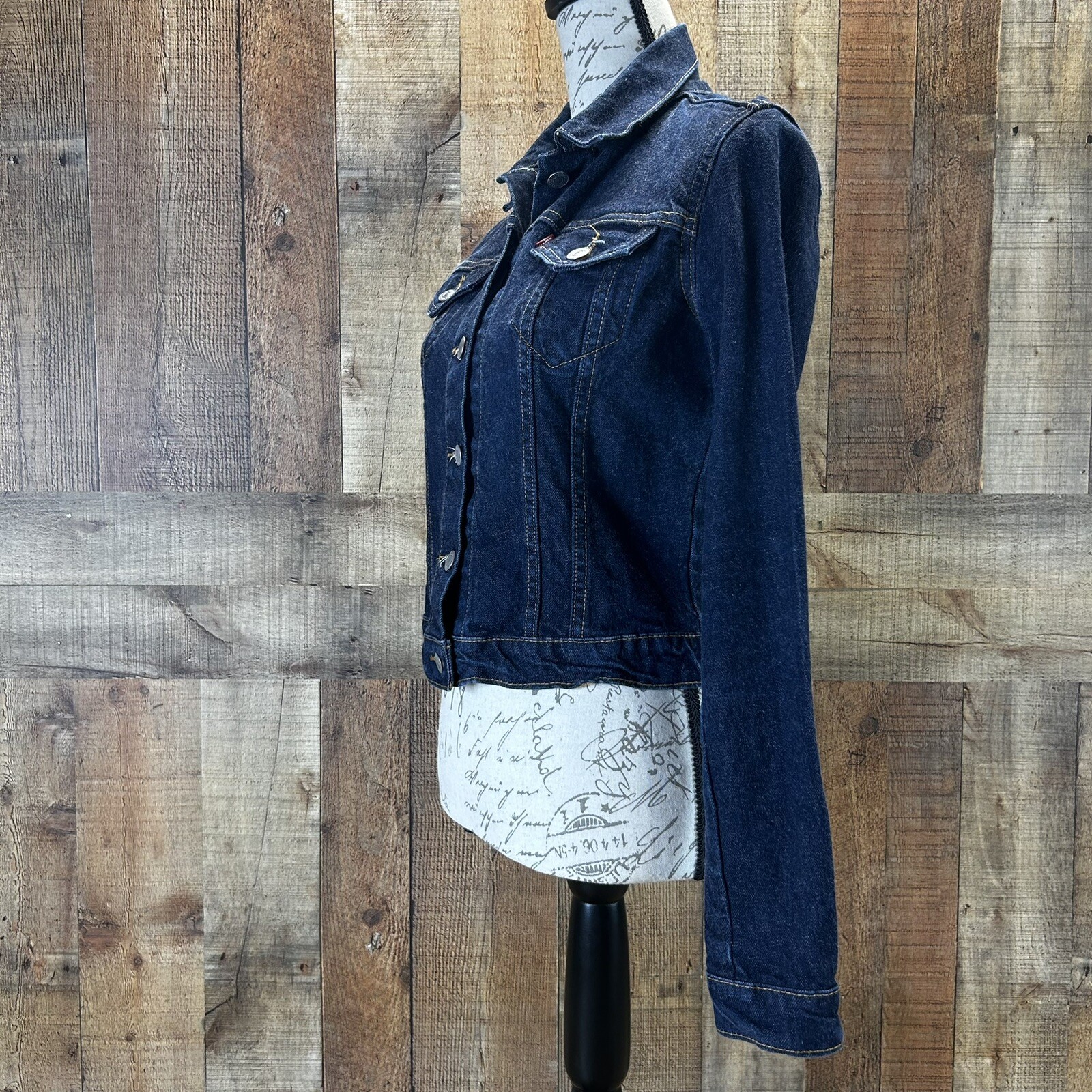 VTG Levi’s 80s Cropped Denim Jean Jacket Dark Wash Red Tab Long Sleeve Size S