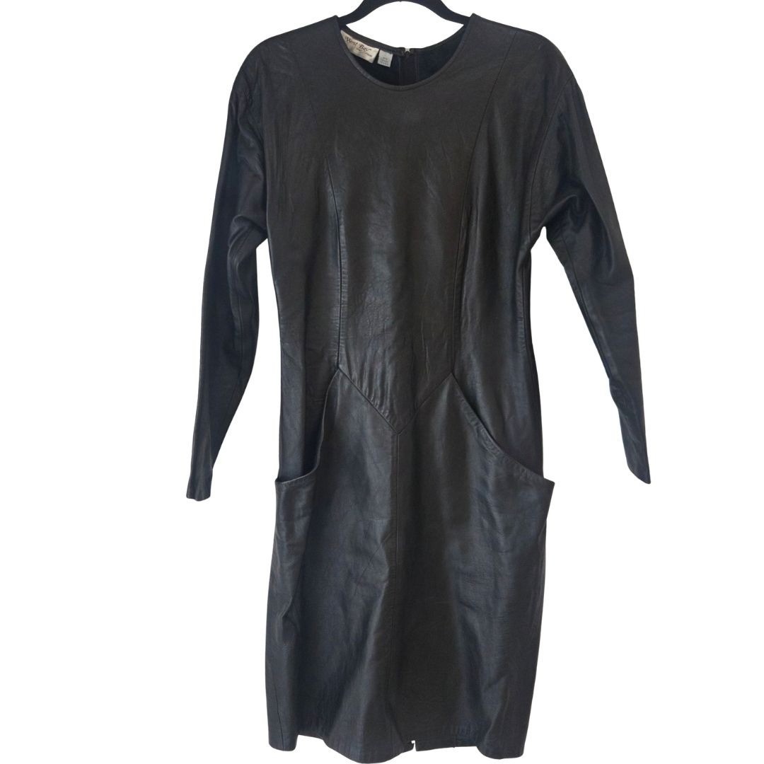 Vintage 90s Black Genuine Napa Lamb Leather Sheath Dress West Bay Sport 9/10