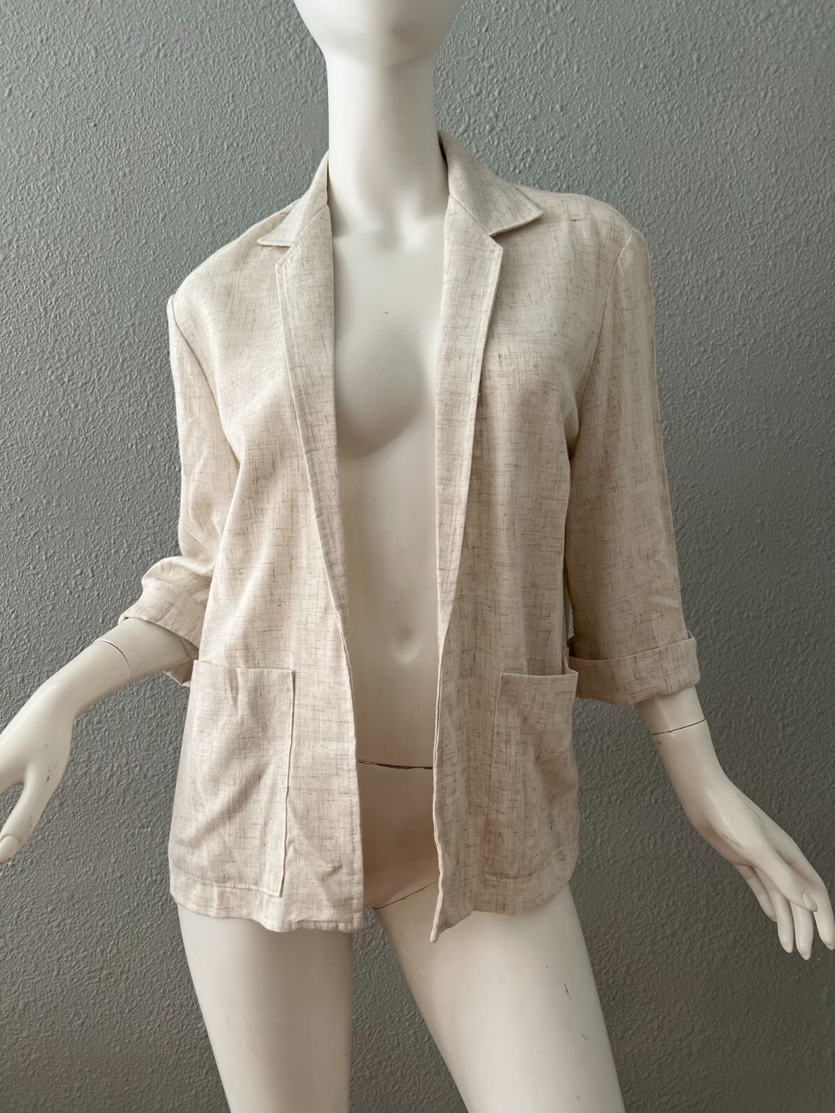 Vintage 70s Light Beige Oversized Thin Casual 3/4 Sleeve Open Blazer Jacket S