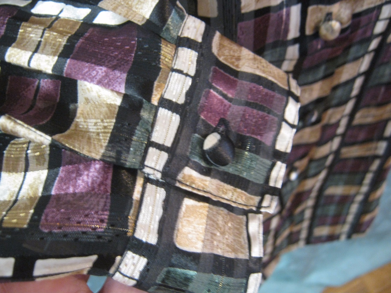Dress Barn Blouse Size Medium Sheer Shadow Strip Plaid Dressy Metallic Threads