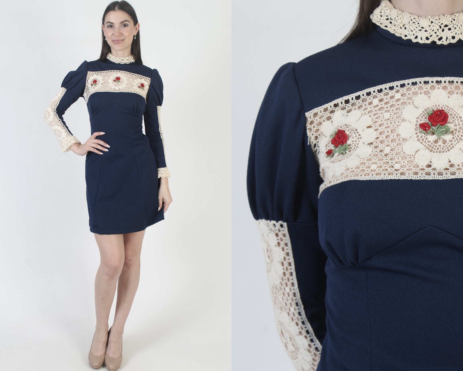 Vtg 60s Tuxedo Dress Victorian Sheer Crochet Lace Scooter Mod Micro Mini Skirt