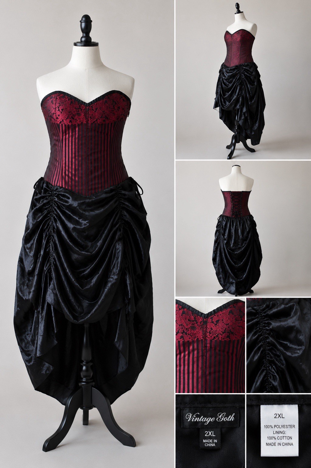 Gothic Victorian Corset Dress Burgundy Black Strapless Steampunk Vampire XXL