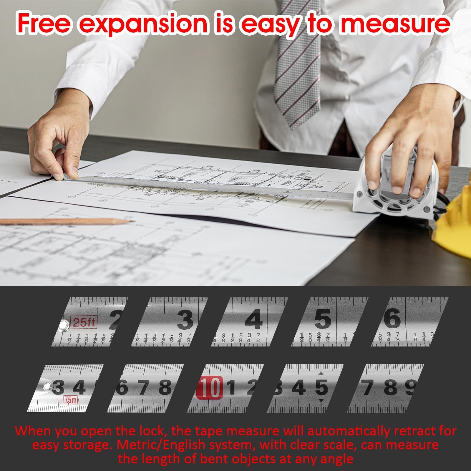 PoDhey 25FT Stainless Steel Measuring Tape Double-Sided Scale Retractable Tape