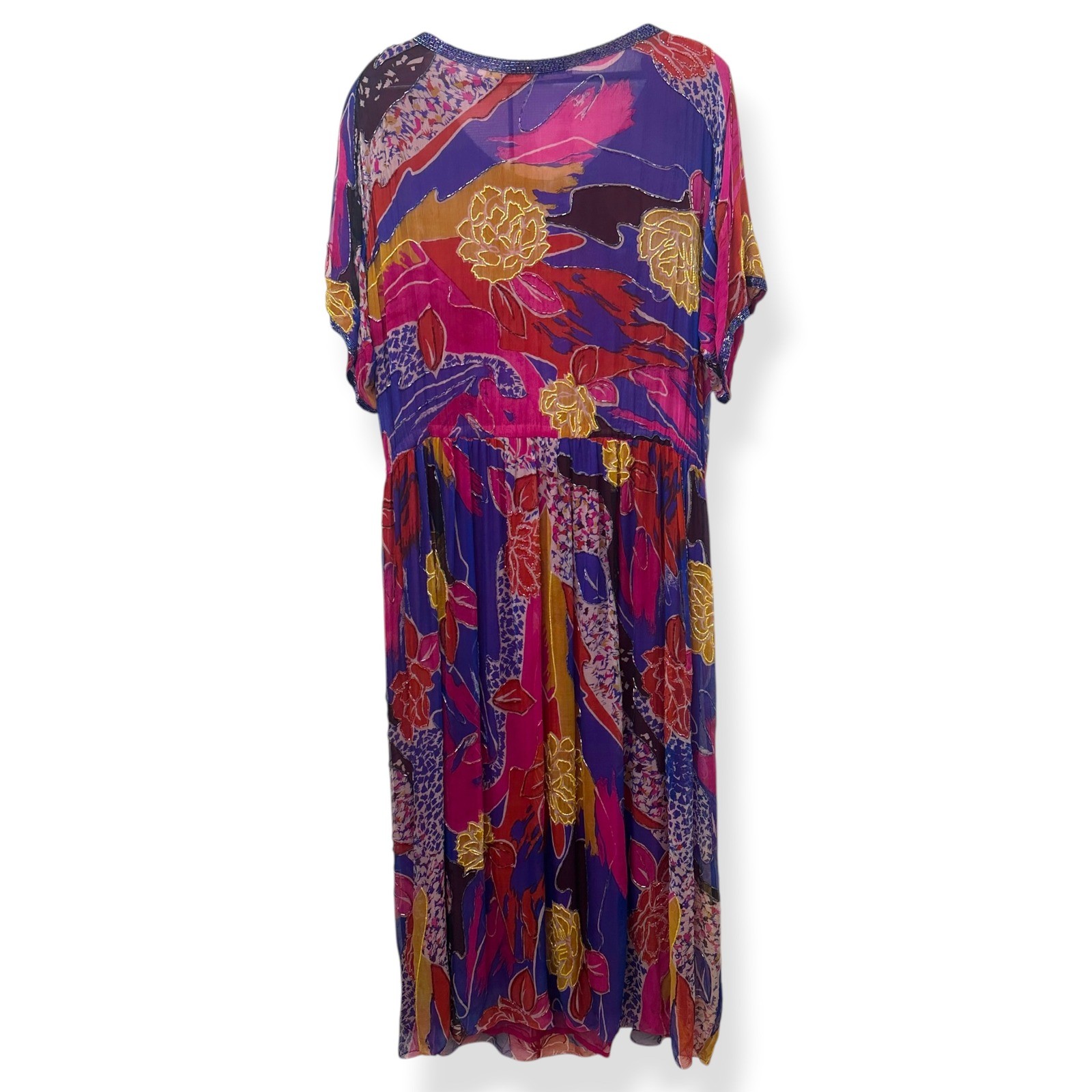 Vtg Judith Ann Creations Maxi Dress Silk Floral Belted Beaded Boho Womens L