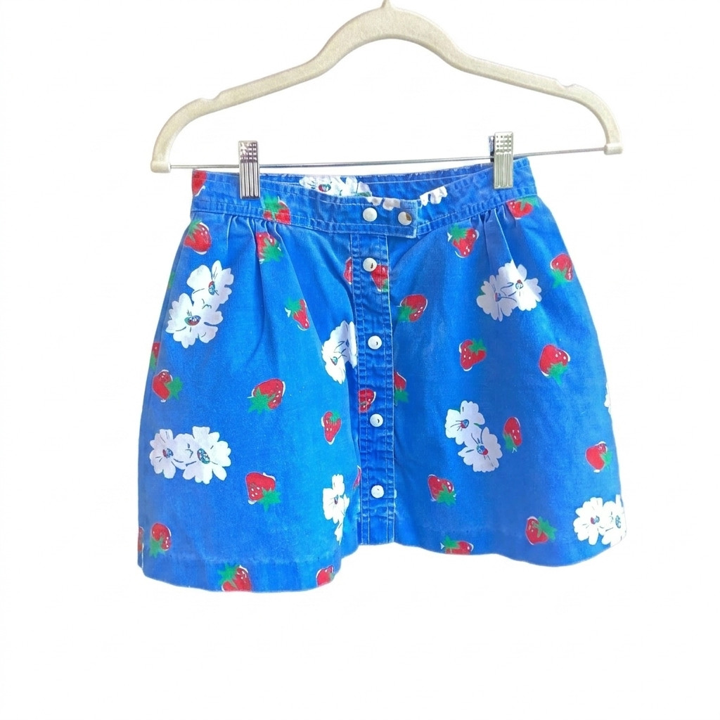 Vintage 1980s-90s Blue Denim Strawberry Floral Mini Skirt Cottagecore Y2K