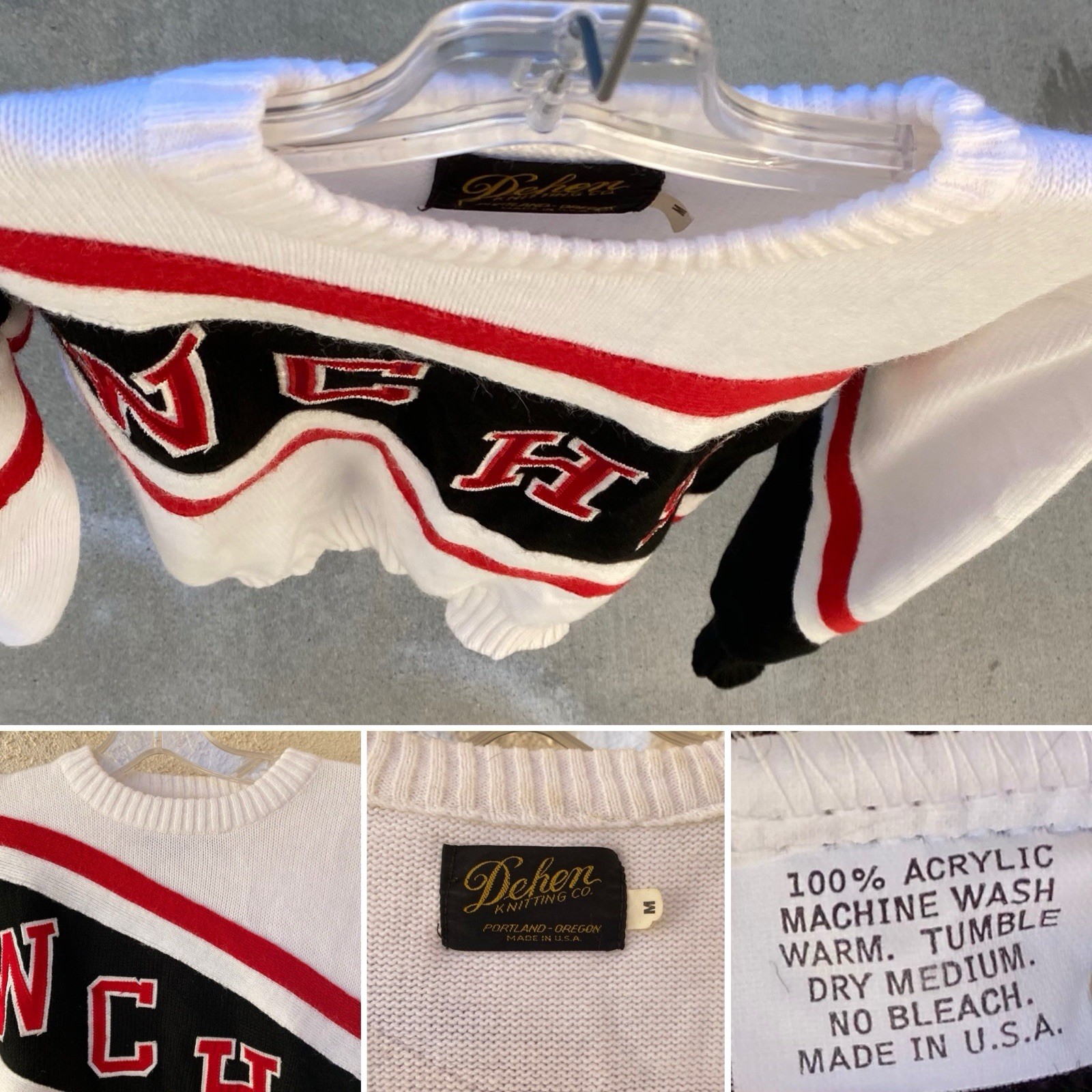 Vintage 80s Dehen Cheerleader Sweater WCHS White Black Red Acrylic Knit Size M