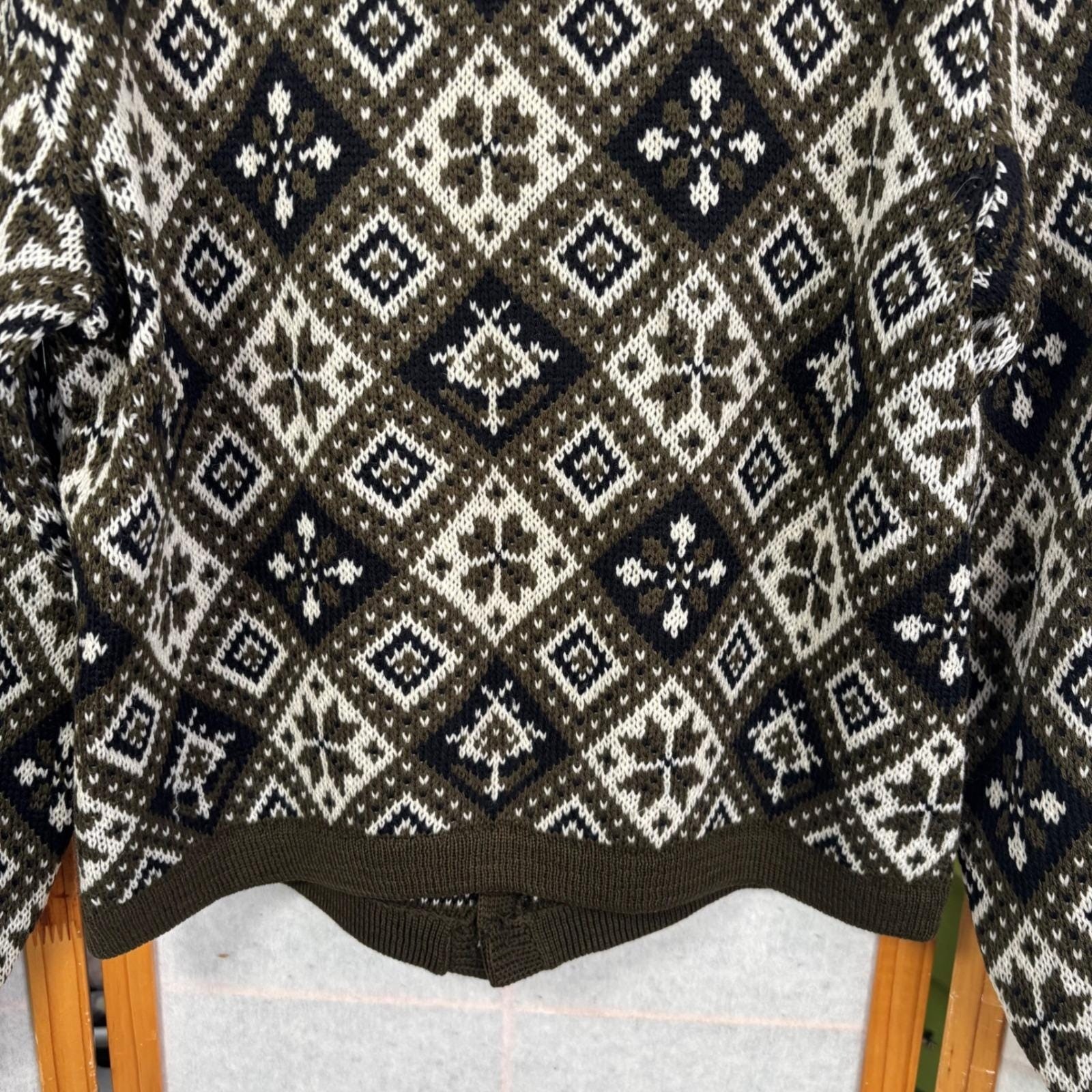 Vintage Jersild Virgin Wool Fair Isle Cardigan Sweater Olive Green Geometric L