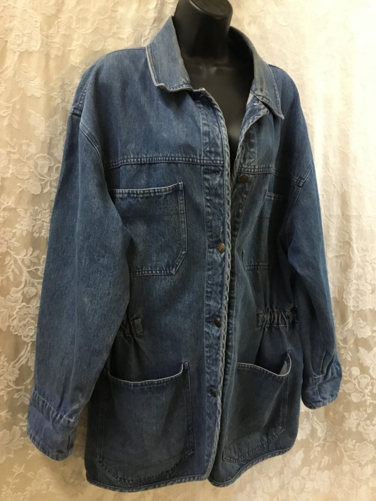 Vintage Boundary Waters Denim Barn Chore Coat Large jean jacket cinched waist