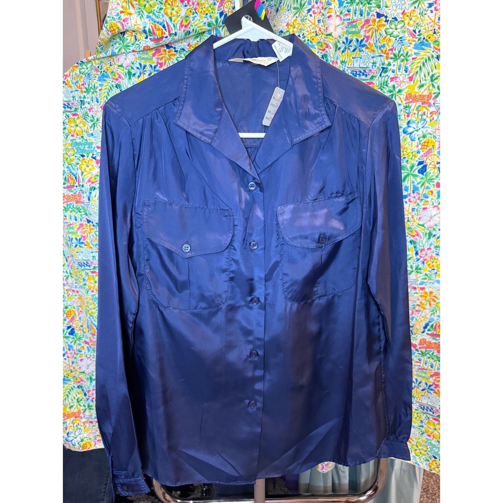 192 Vtg Sears JR Bazaar Navy Blue Satin Button Down Blouse Long Sleeve Size 13