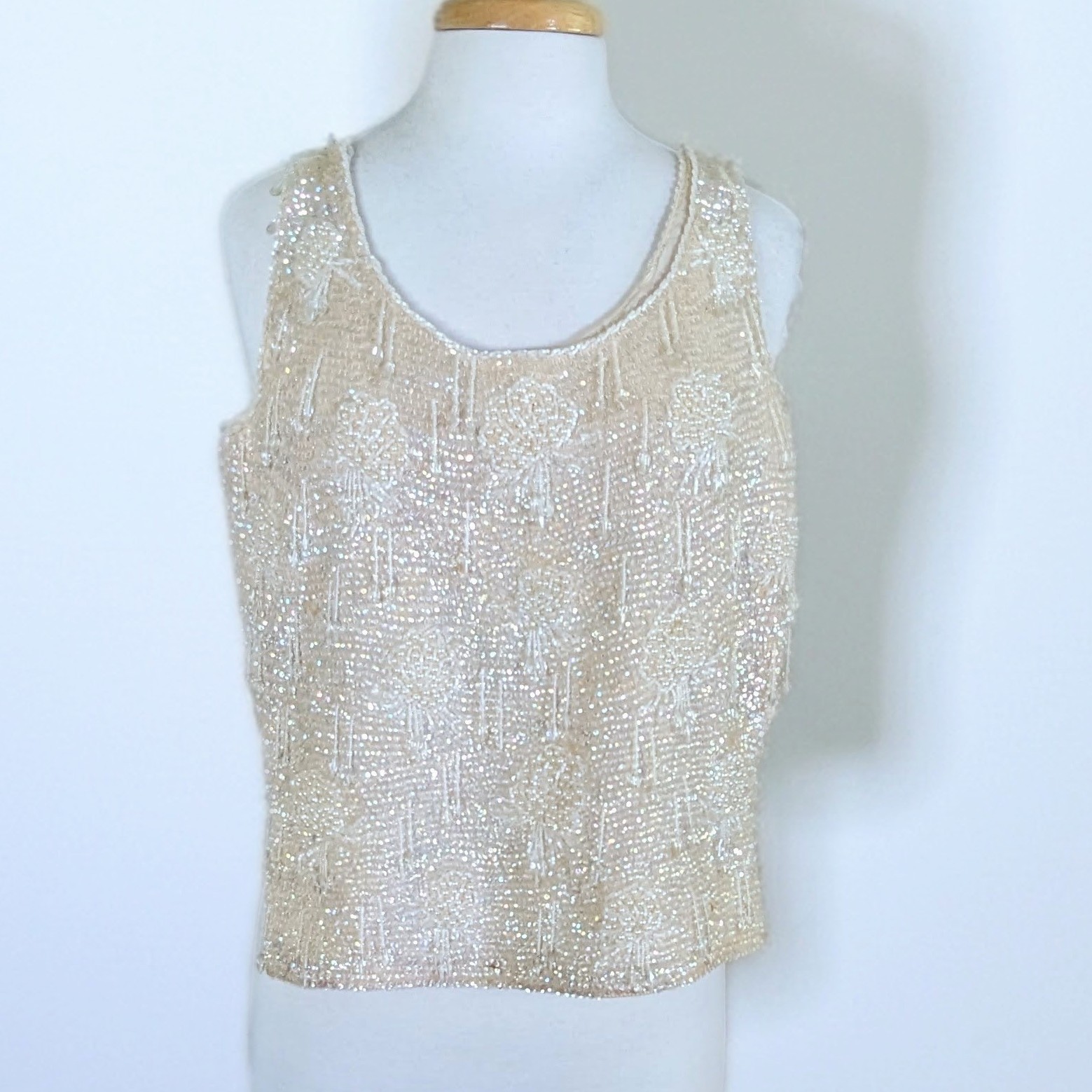 Vintage 1960s Beaded Sequin Halter Top Hong Kong Wool Shell Tassel Fringe