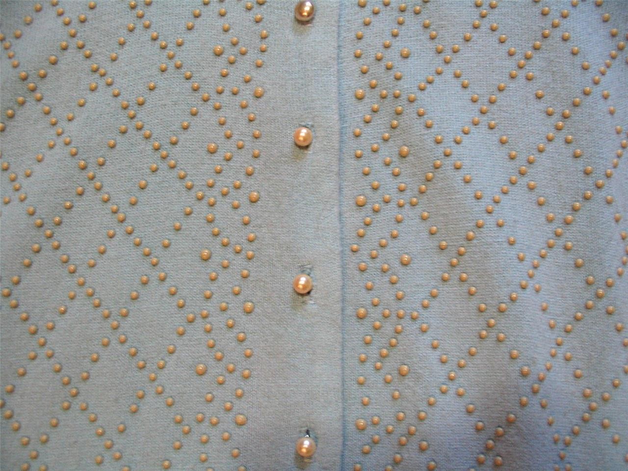 VNTG 1960S~CELADON ORLON~BEADED DESIGN~FAUX PEARL BUTTON CARDIGAN SWEATER~SM~36
