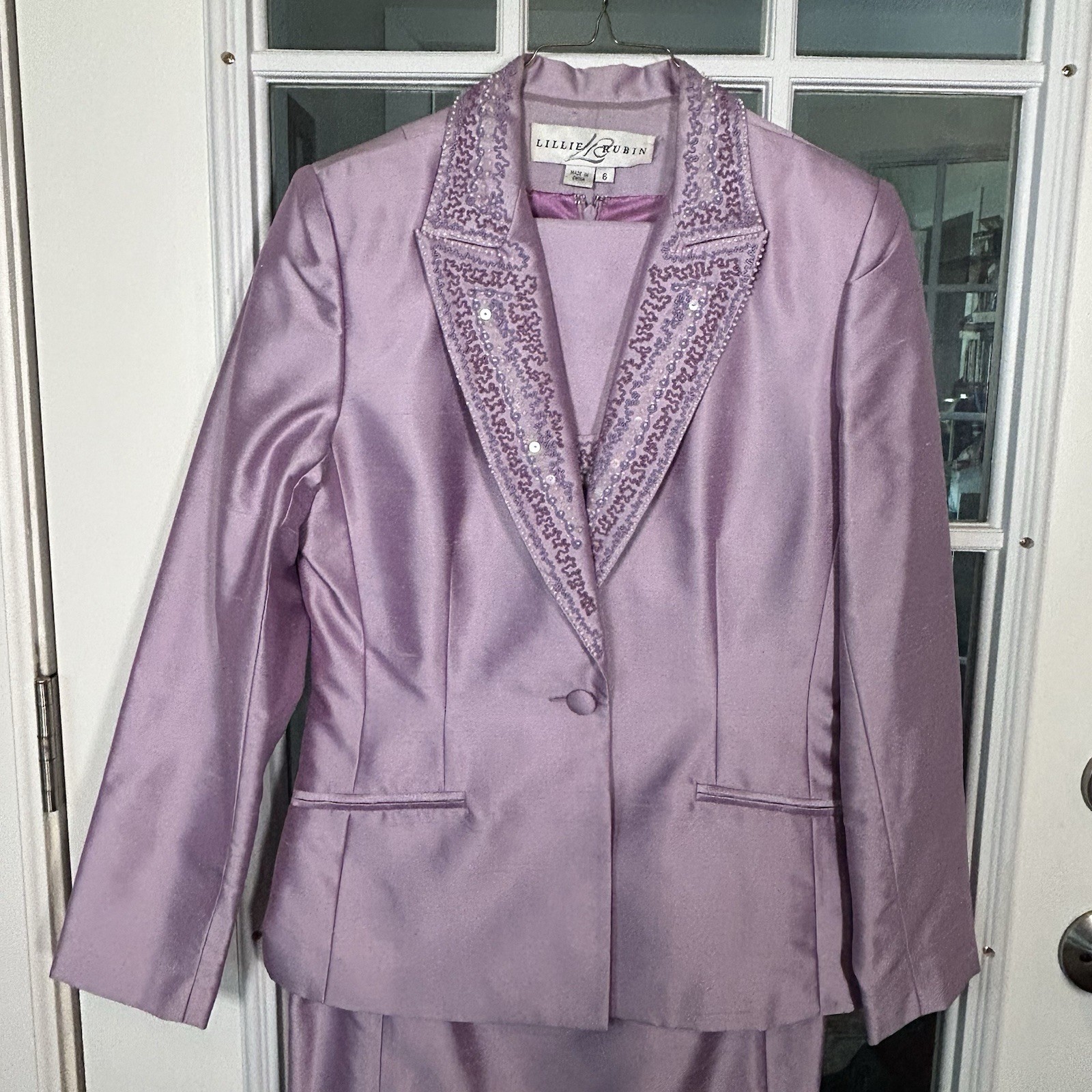 Lillie Rubin X Kay Unger Vintage 1990s 100% Silk Lavender Beaded Dress Jacket 6