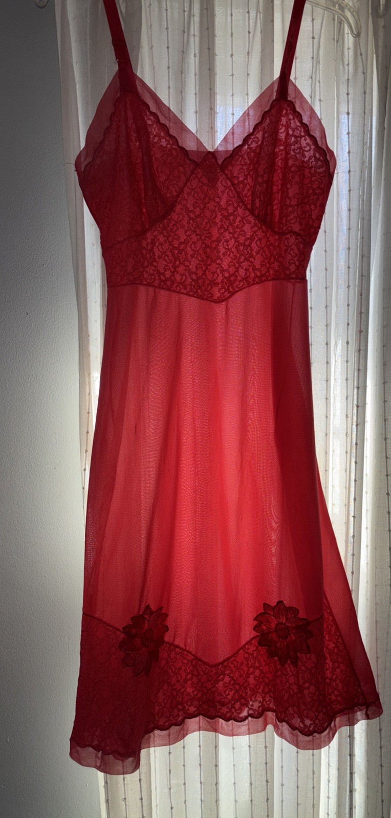 Movie Star Full Slip Dress 34 Vintage Nightgown Red Floral Lace Silky Sheer