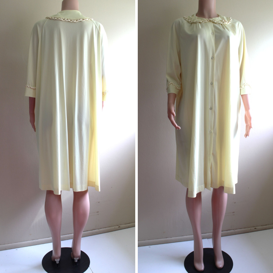 Vintage 50s Gossard Artemis Robe L Yellow Chiffon Nylon Button Satin Trim Knee