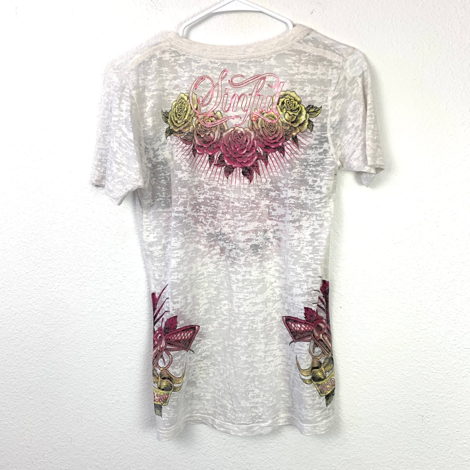 Sinful Affliction Women’s T-Shirt M Burnout Roses Birds Graphic Mall Goth