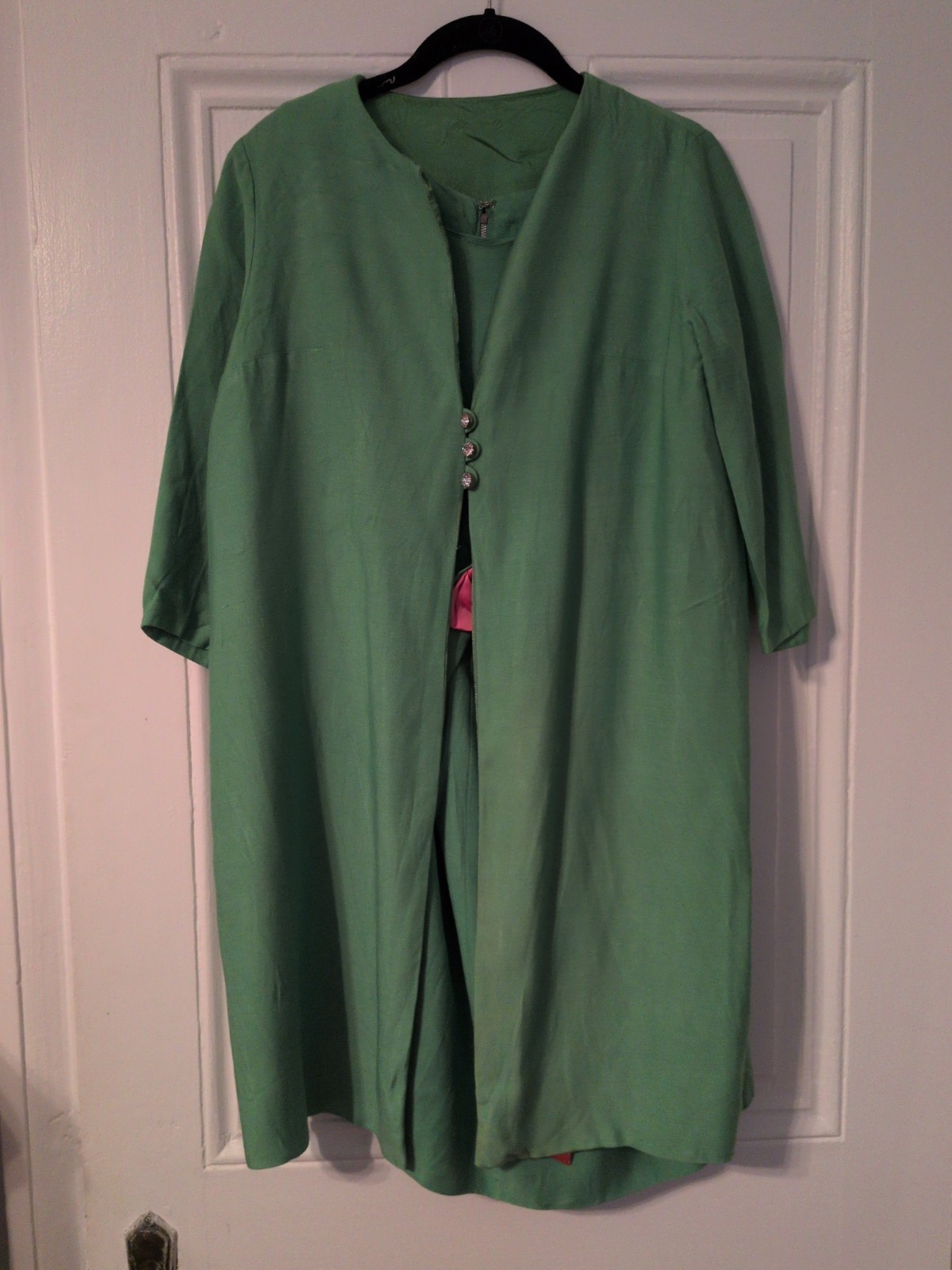 Vintage Green Sheath Dress & Coat Set Linen? Lined Pink Ribbon Rhinestone FLAW