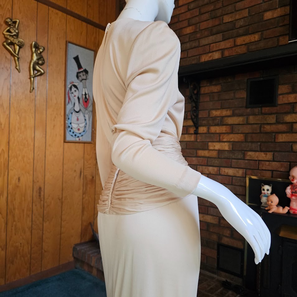 Vtg 70s Slinky Disco Champagne Gold Jill Richards Liquid Jersey Evening Gown S/M