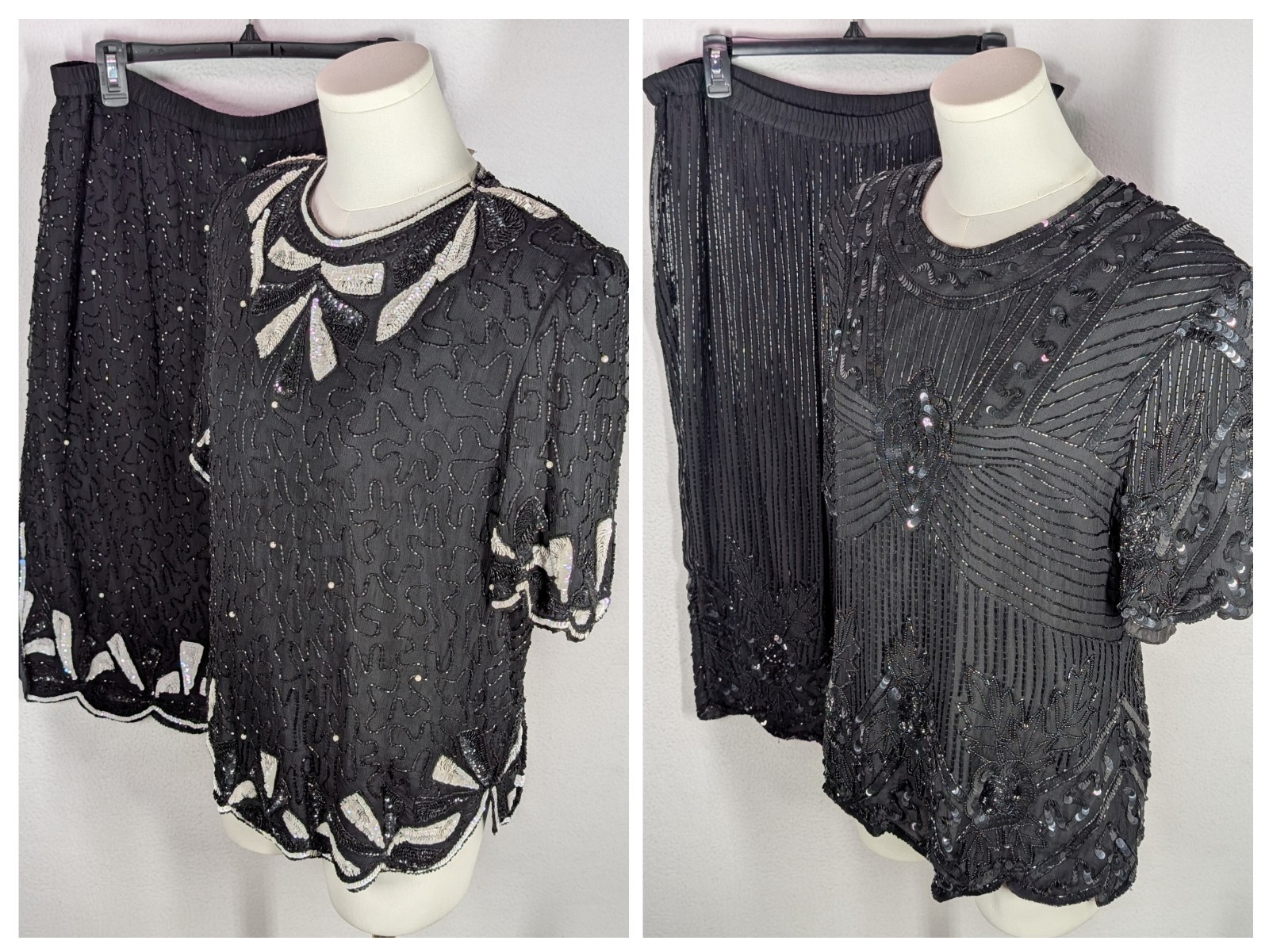 Vintage Carina Women’s Lot Of 2 Silk Beaded Two Piece Outfit Top Skirt Black