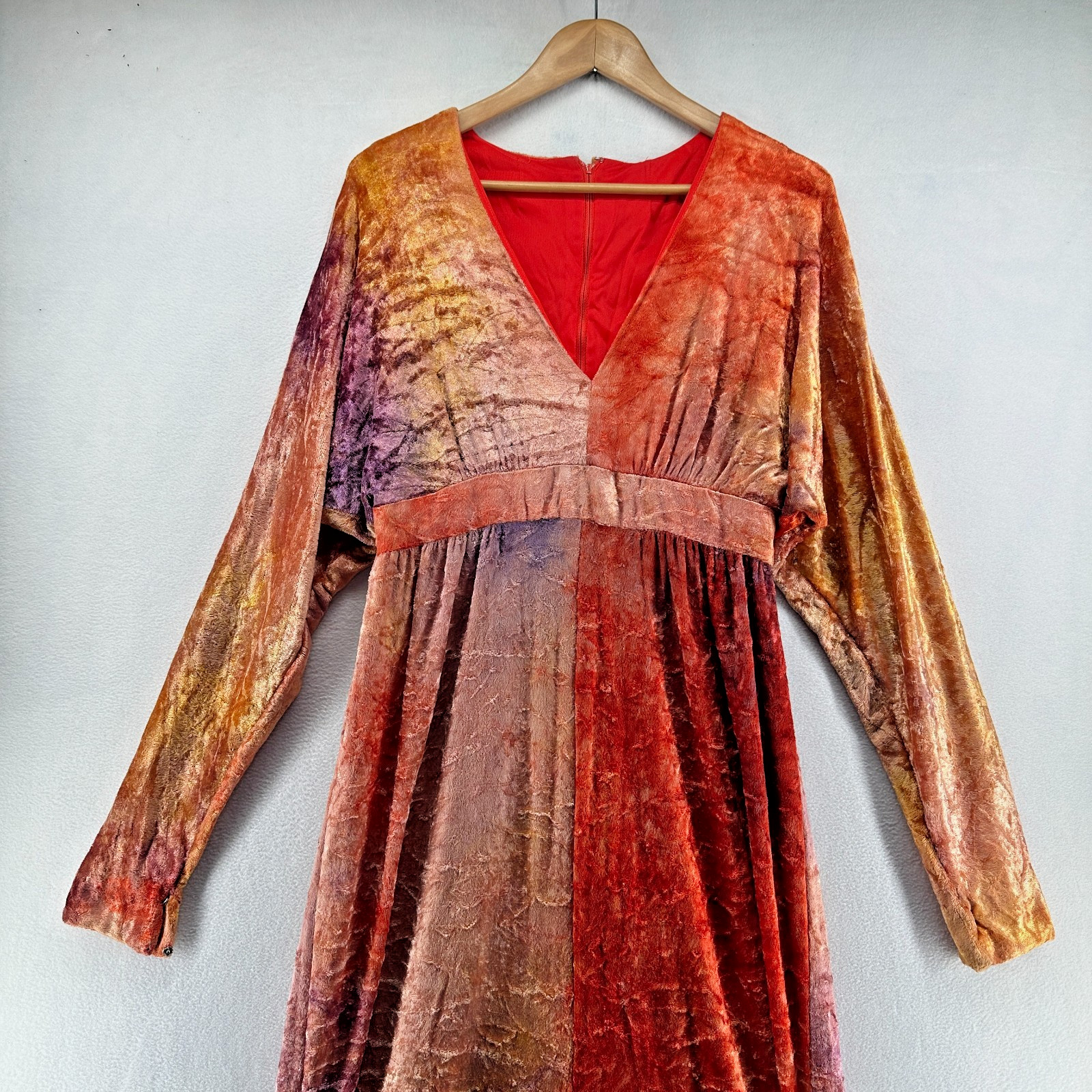 1970s Maxi Dress Vintage Disco Crushed Velvet Velour Orange Purple Size 16 Tag