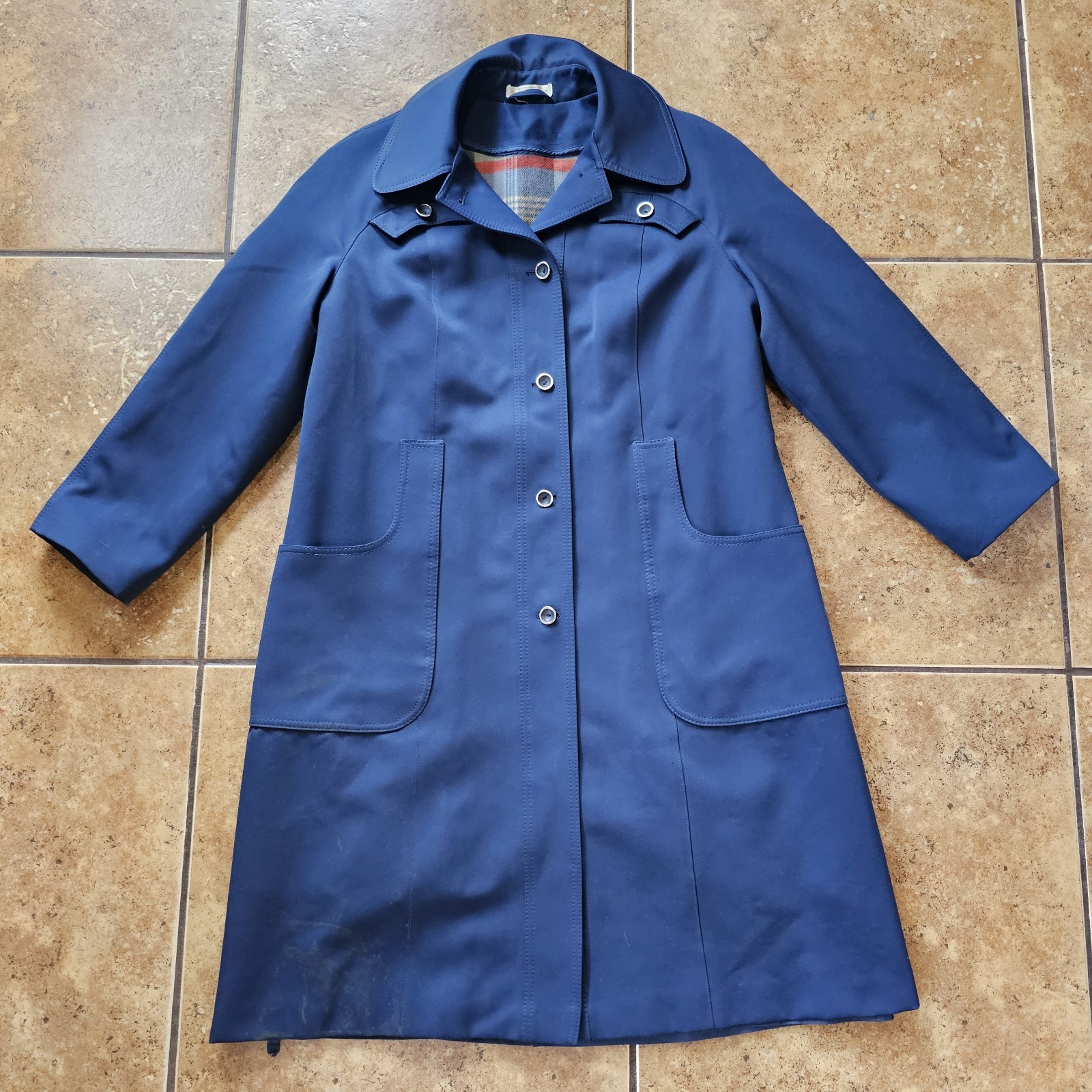 Vintage 70s Trench Coat Plaid Liner Dark Blue Mod Woven Polyester Jacket Classic