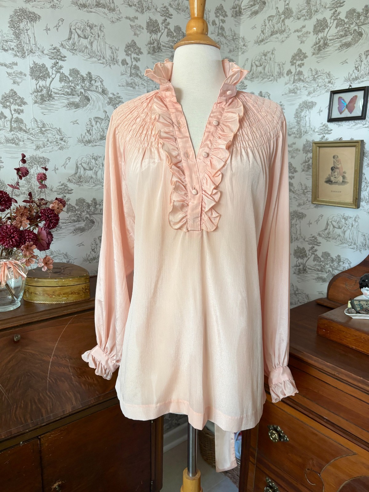 Vintage 70s The French Clique Pink Ruffle Smocked Button Down Blouse: Coquette