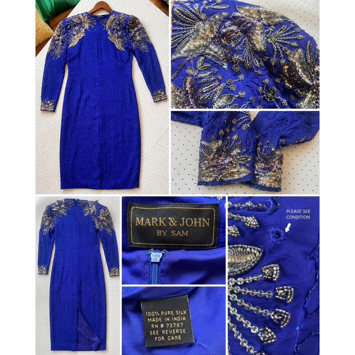 Mark & John by Sam Silk Beaded Sequin Dress Royal Blue Vintage 1X Midi Formal