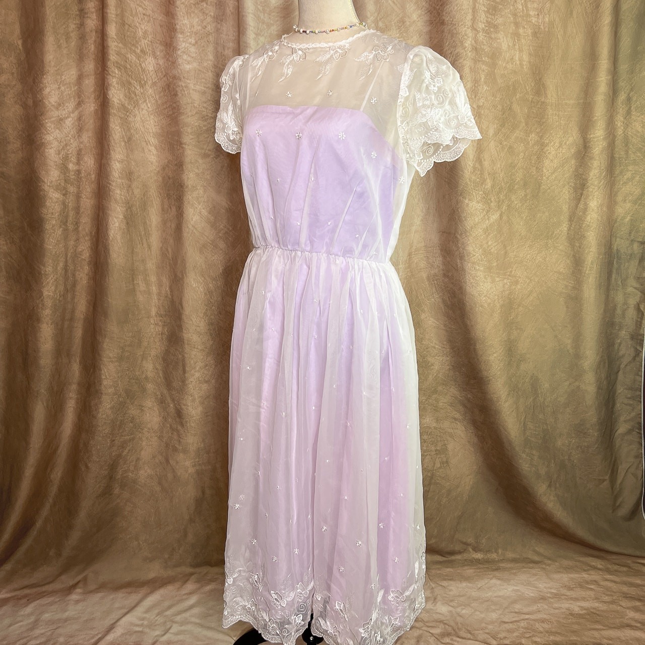 Vintage Coquette Dress 70s Sheer Mesh Floral Embroidered Lavender Tea Party