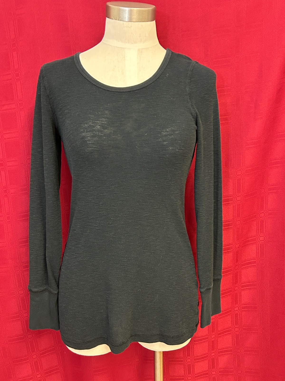 Vintage Free People Thermal Top Black Waffle Knit Long Sleeve Small