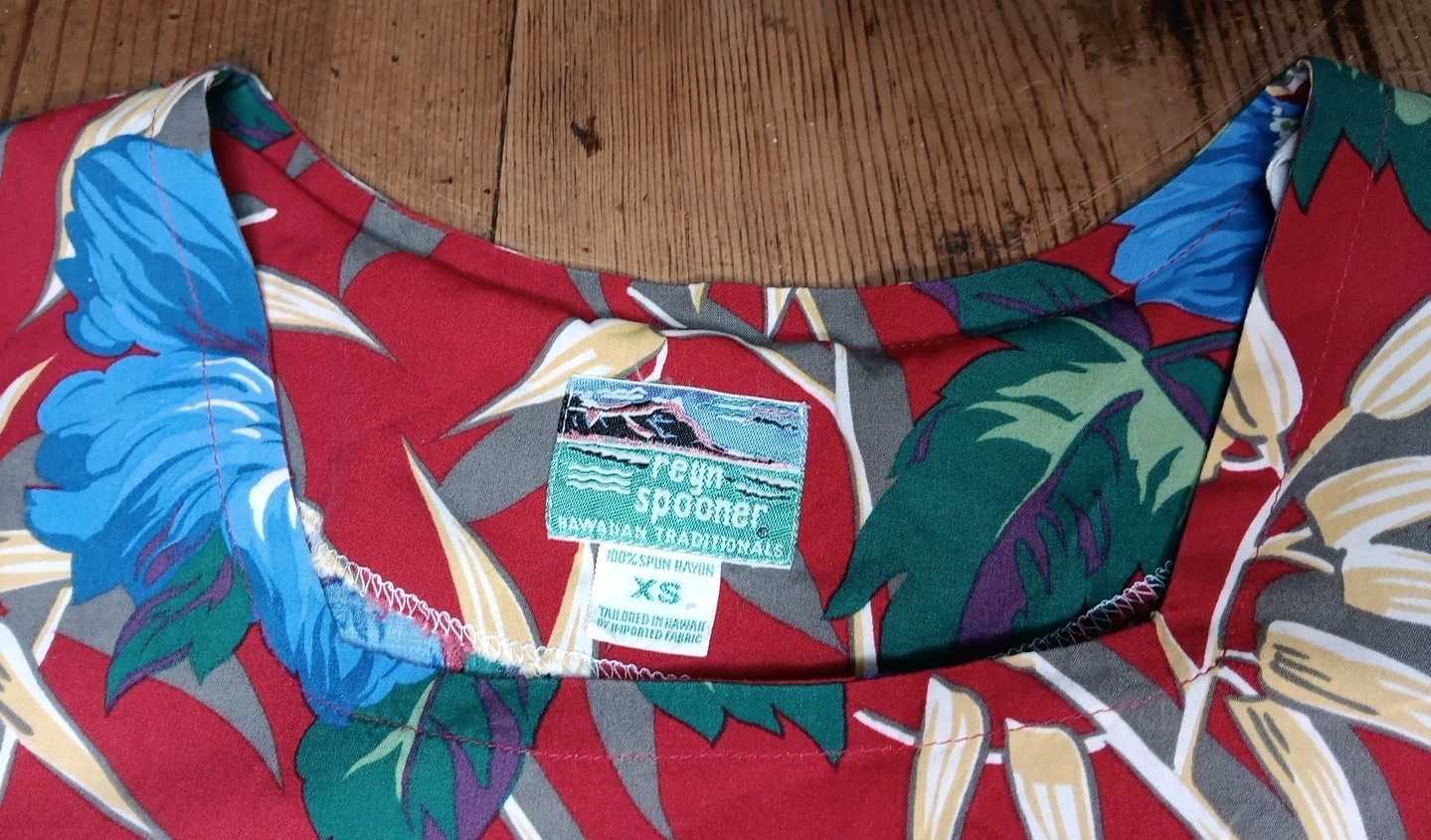 Vtg Reyn Spooner Womens XS Midi Dress Hawaiian Aloha Red 100% Spun Rayon Casual