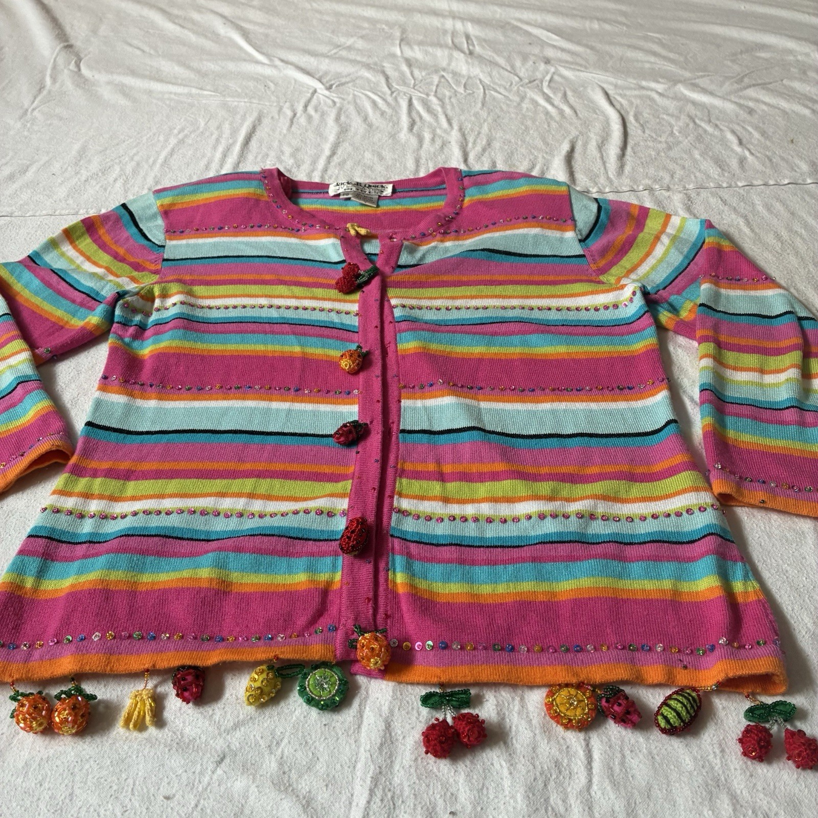 JACK B QUICK Summer Fruit Stripes Embellishment Beaded Sequin Cardigan Whimsical